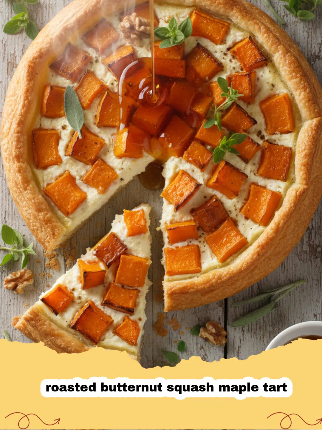 A golden-brown roasted butternut squash maple tart topped with goat cheese and pecans