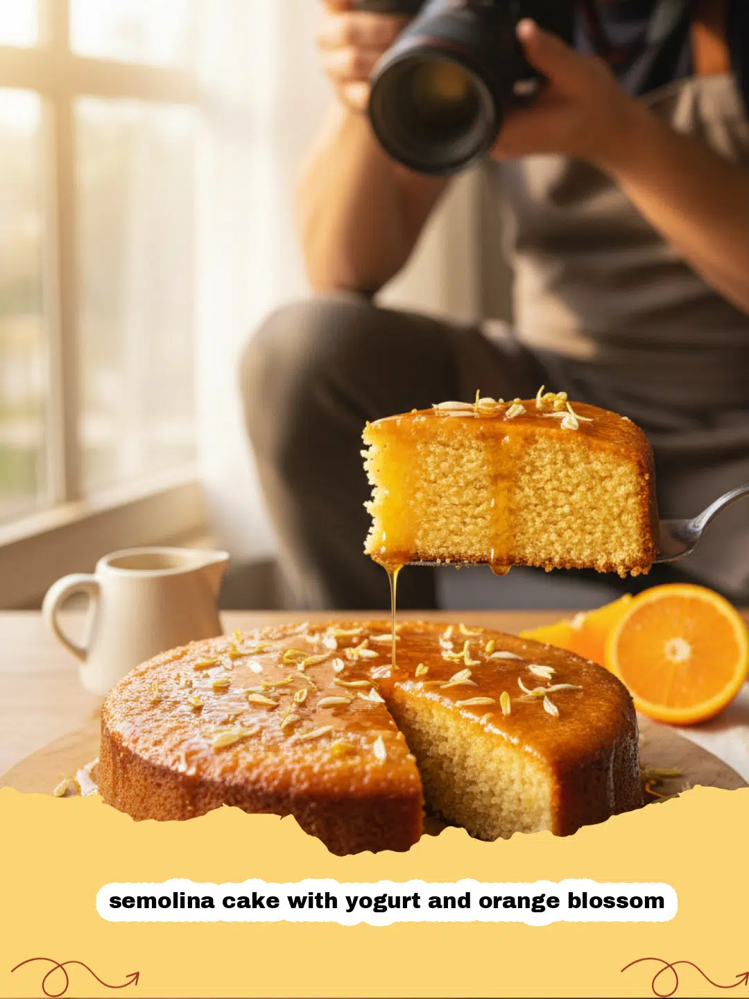 Golden brown semolina cake with yogurt and orange blossom soaked in syrup