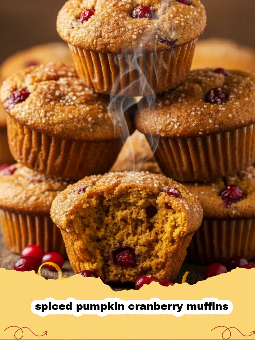 A stack of golden brown spiced pumpkin cranberry muffins with bursting red cranberries on a rustic wooden table.