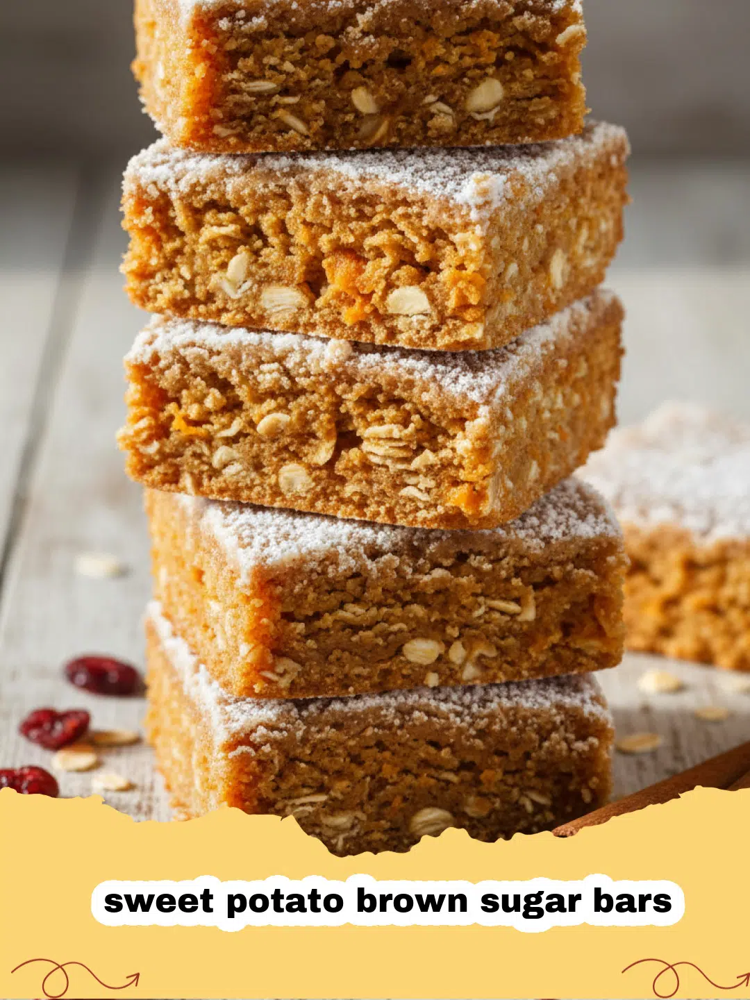 A close-up shot of several sweet potato brown sugar bars stacked on a wooden board, showing a moist and fudgy texture.