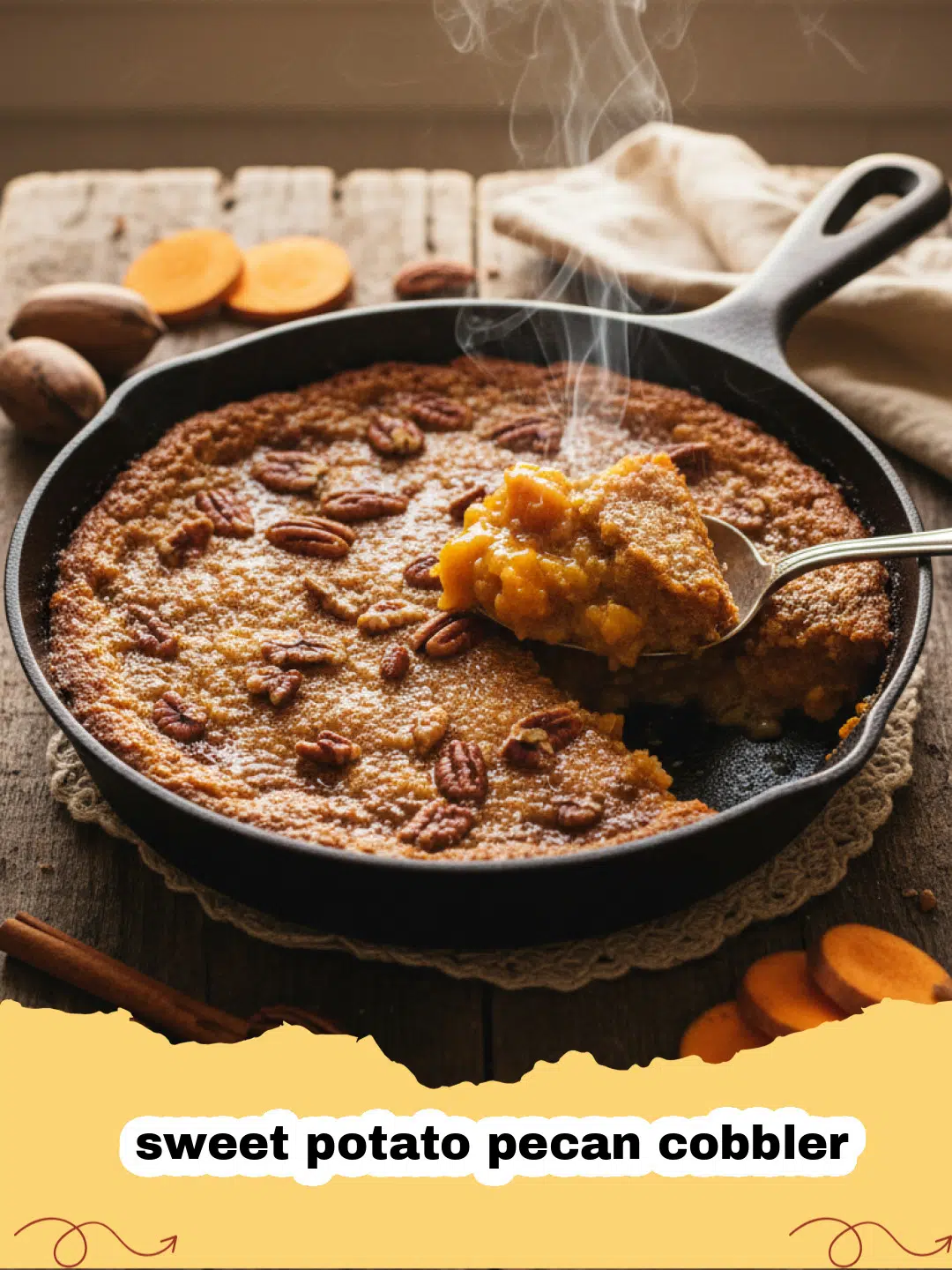 A golden brown sweet potato pecan cobbler in a baking dish with a scoop of vanilla ice cream.