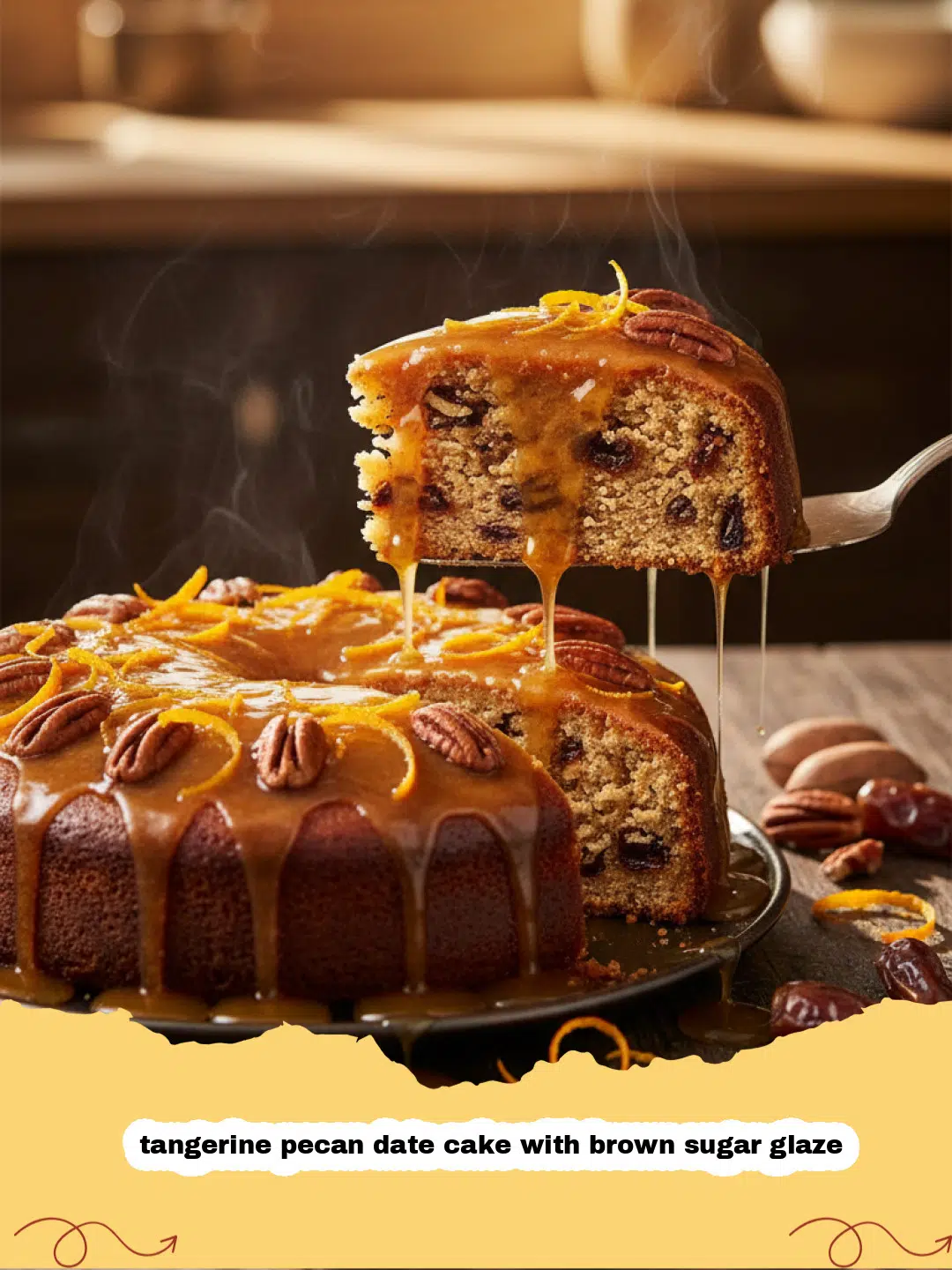 A close up view of a sliced tangerine pecan date cake with brown sugar glaze dripping down the sides.