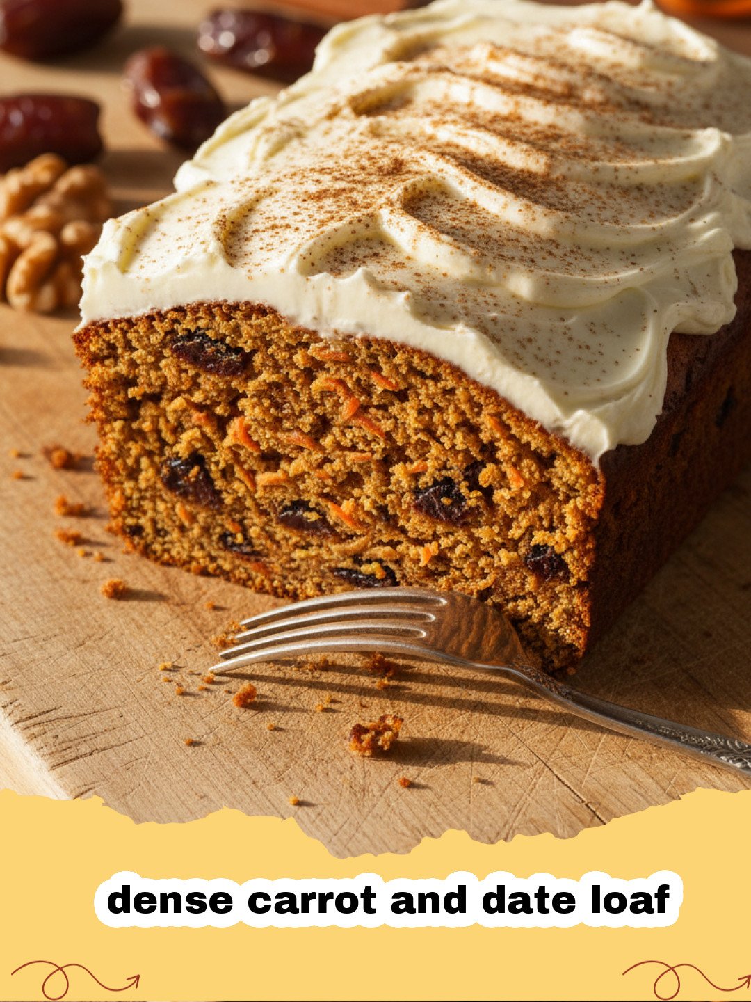 A thick, moist slice of dense carrot and date loaf on a rustic wooden board.