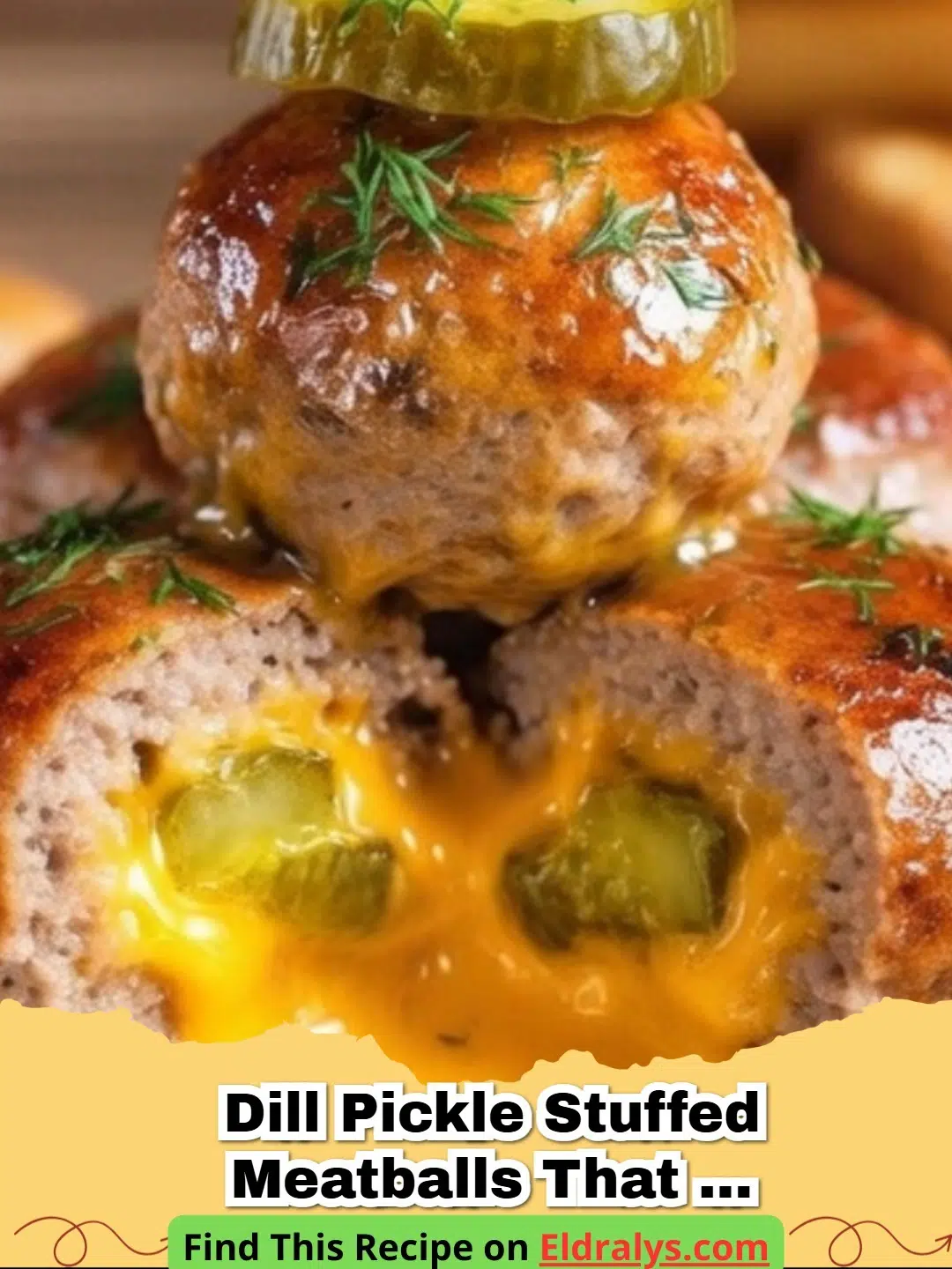 Close up of Dill Pickle Stuffed Meatballs that are juicy and cheesy sliced open to show the pickle and cheese center
