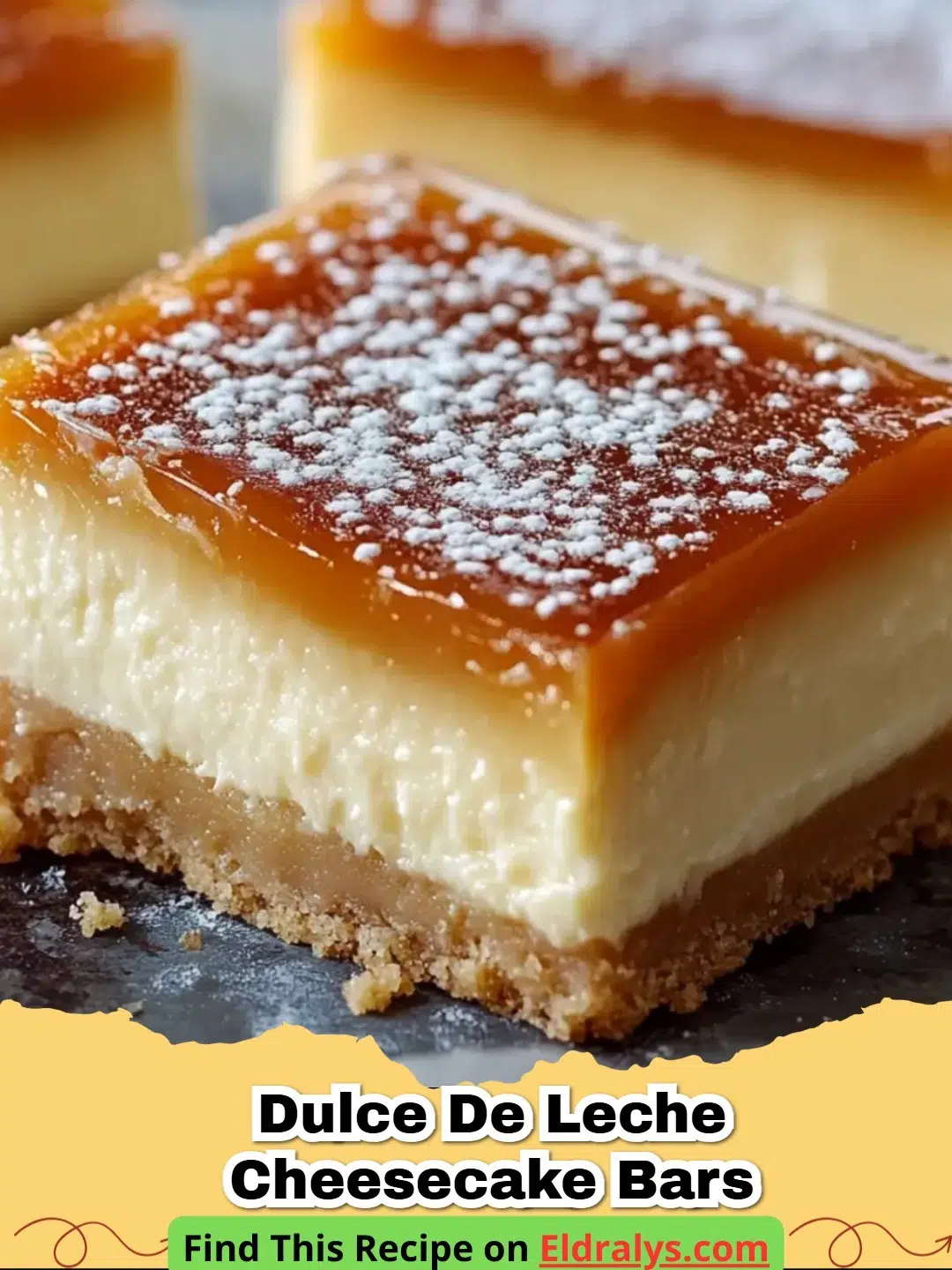 Close-up of Dulce de Leche Cheesecake Bars with beautiful golden caramel swirls on a white plate.