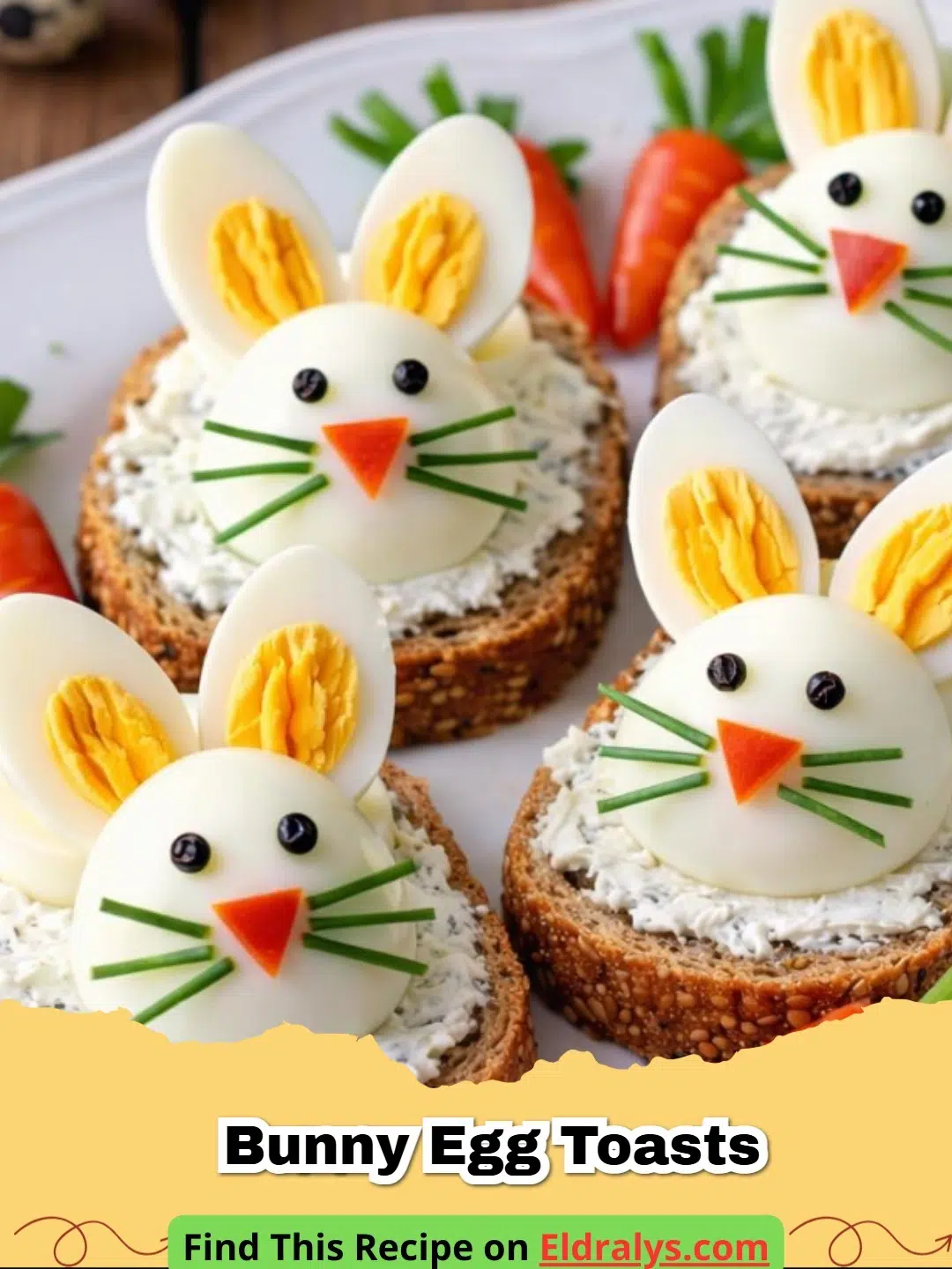 A close-up of four Easter Bunny Egg Toasts on a white plate with herb cream cheese and egg faces.