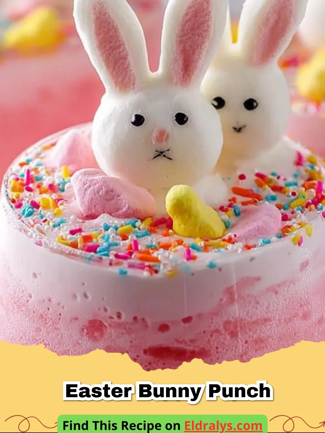 A large bowl of frothy green Easter Bunny Punch with marshmallow peeps.