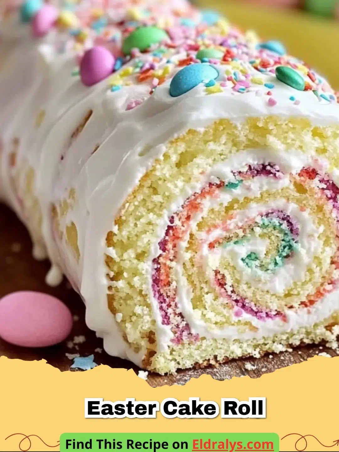 A beautiful Easter Cake Roll with a cream spiral and spring decorations.