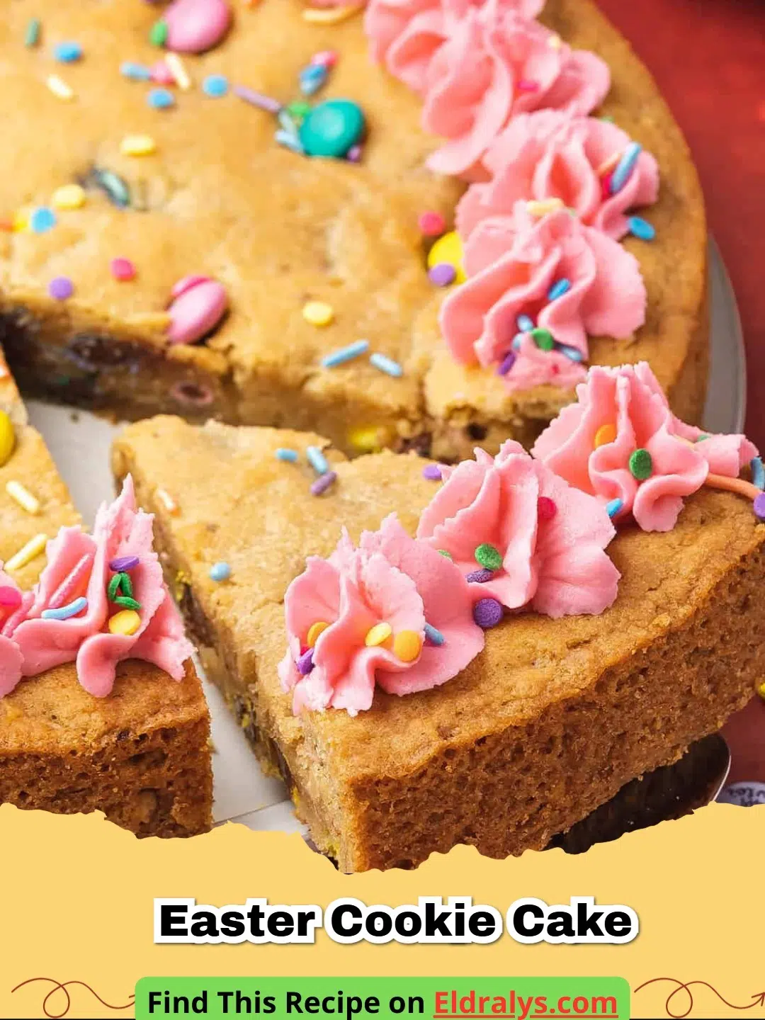 A thick and chewy Easter Cookie Cake decorated with pastel frosting and mini chocolate eggs.