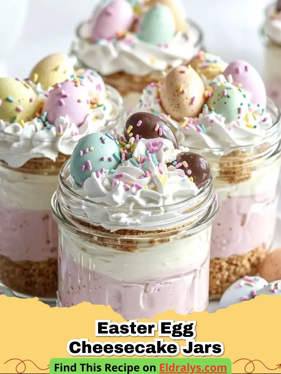 Individual Easter Egg Cheesecake Jars topped with colorful mini eggs