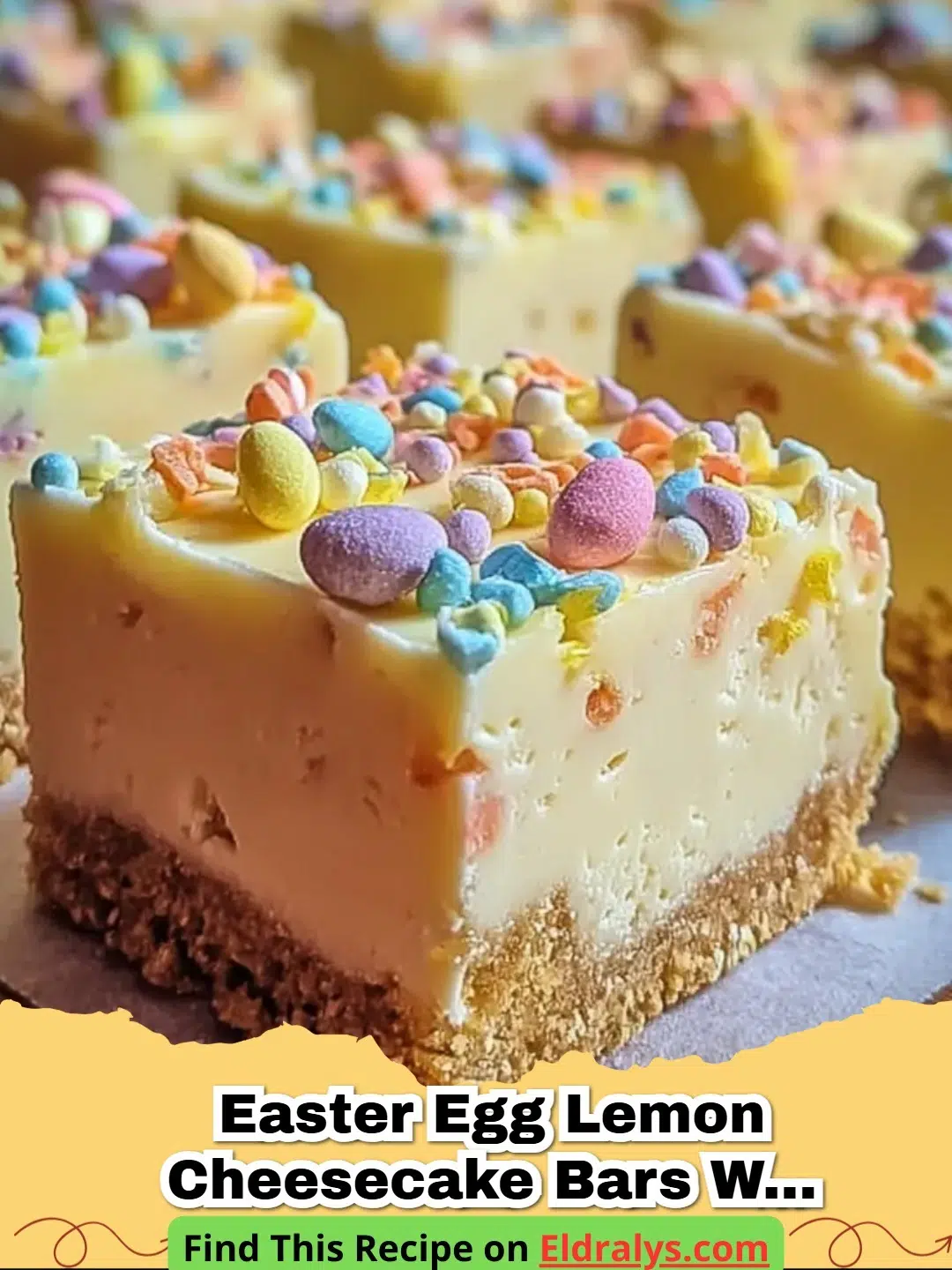 Close up of Easter Egg Lemon Cheesecake Bars with a Zesty Twist topped with pastel mini eggs.