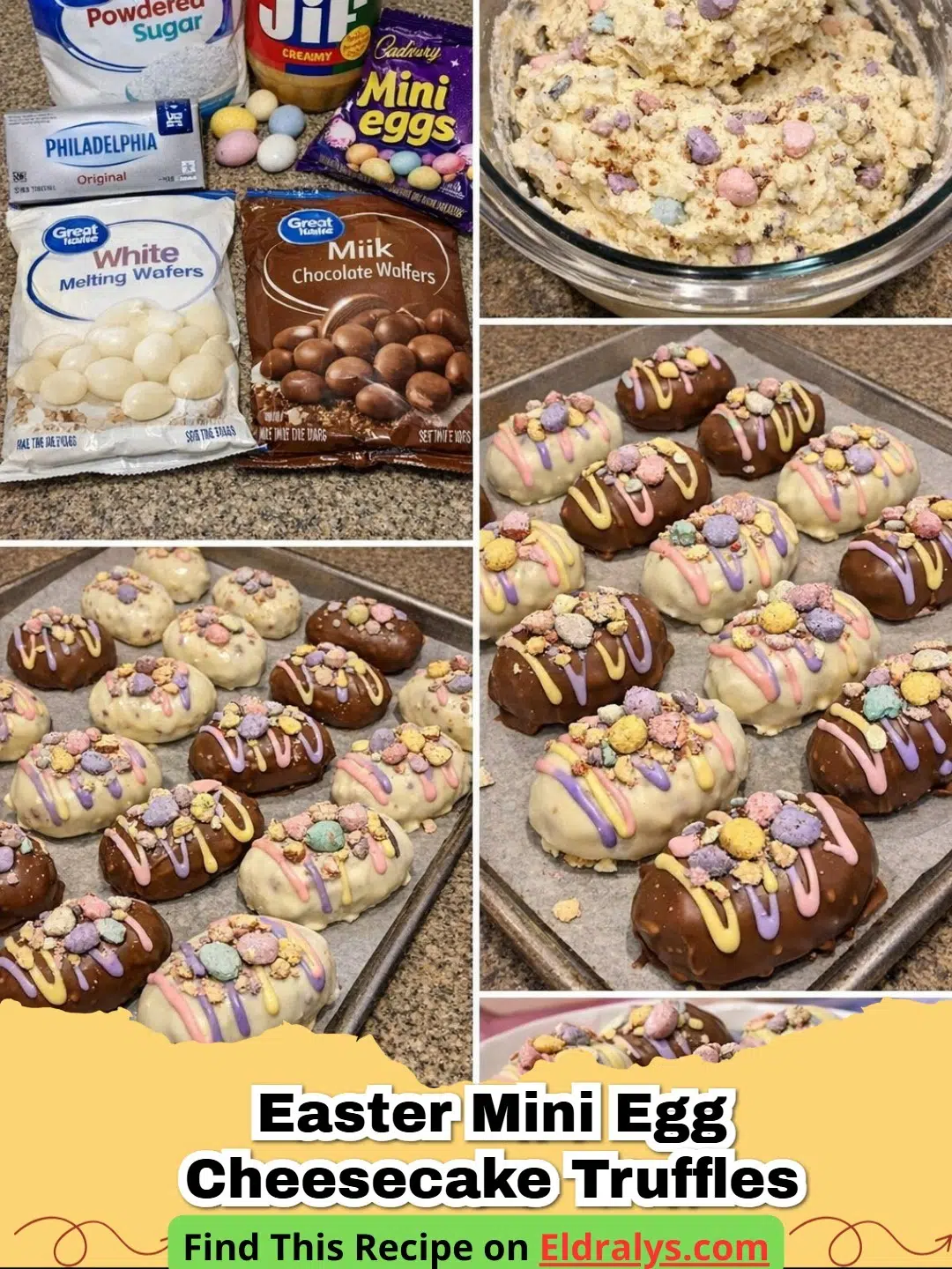A tray of Easter Mini Egg Peanut Butter Cheesecake Truffles decorated with pastel eggs.