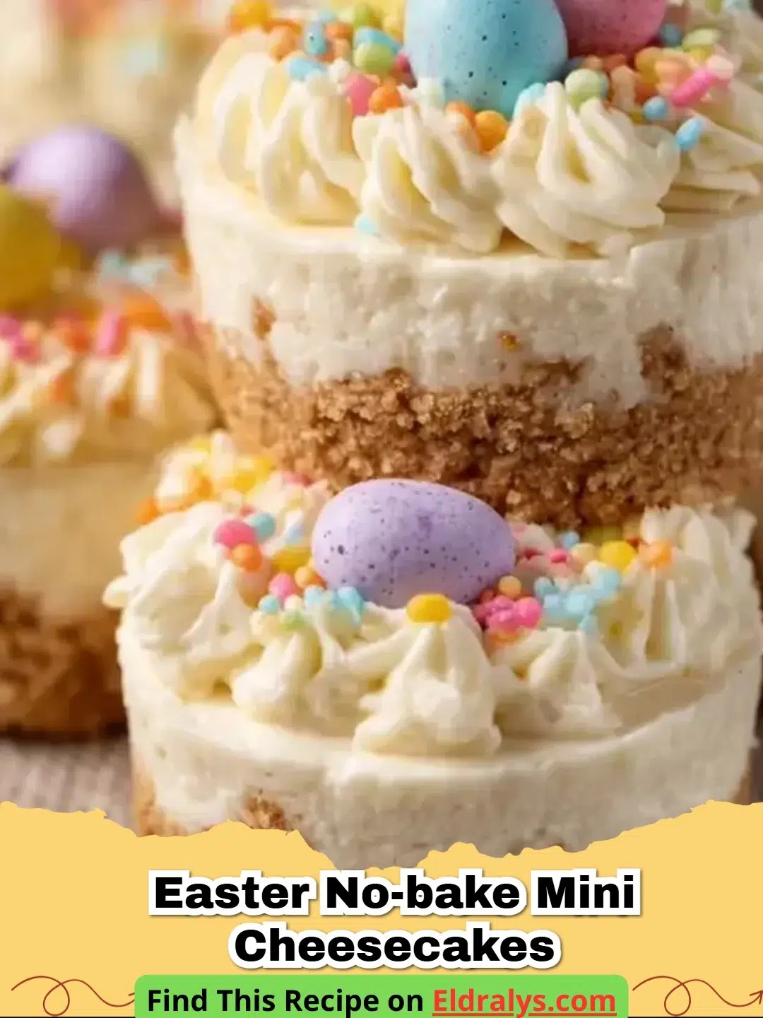 A close up of colorful Easter No-Bake Mini Cheesecakes topped with mini chocolate eggs