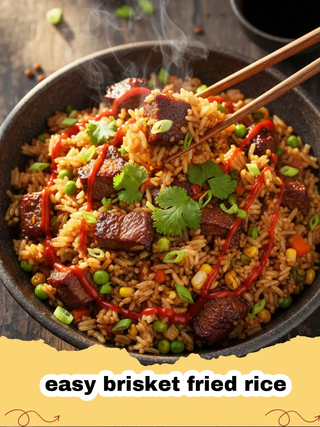 A steaming bowl of easy brisket fried rice garnished with green onions and sesame seeds