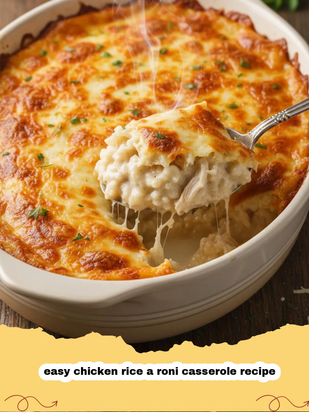 easy chicken rice a roni casserole recipe - A golden-brown chicken and rice casserole with melted cheddar cheese and broccoli in a glass baking dish.