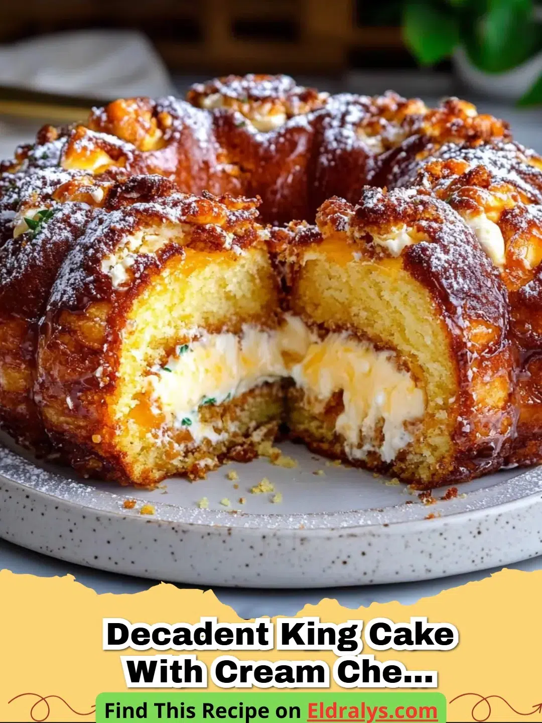 A close-up of a Decadent King Cake with Cream Cheese Filling Recipe Easy showing colorful sugars and a thick slice removed.