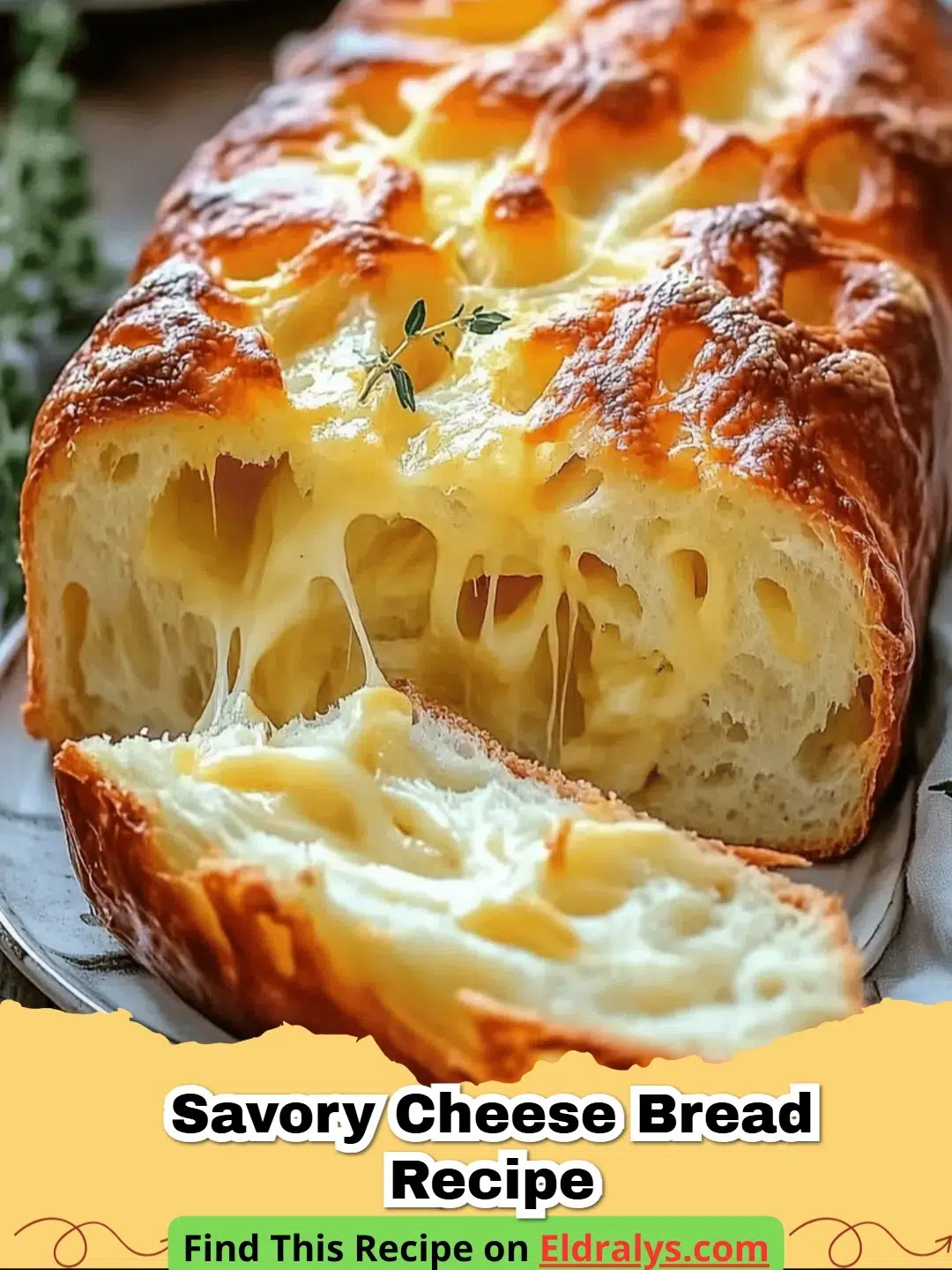A golden brown loaf of Easy Homemade Cheesy Garlic Herb Bread sliced on a wooden board.
