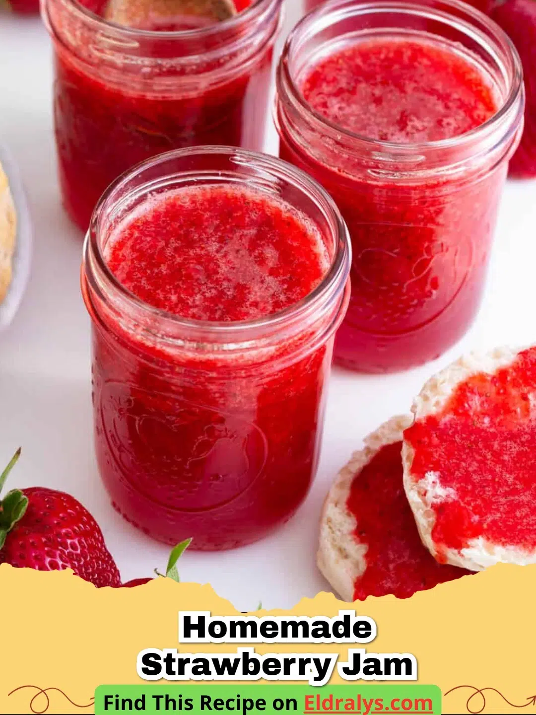 Jars of Easy Homemade Strawberry Jam Recipe on a rustic table