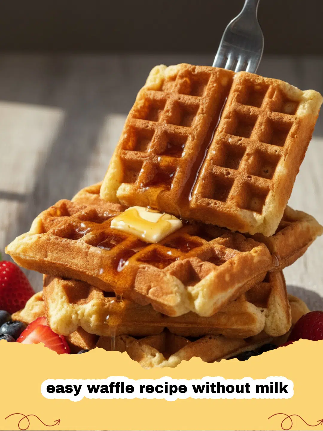 easy waffle recipe without milk - Golden brown crispy waffles stacked on a plate without milk