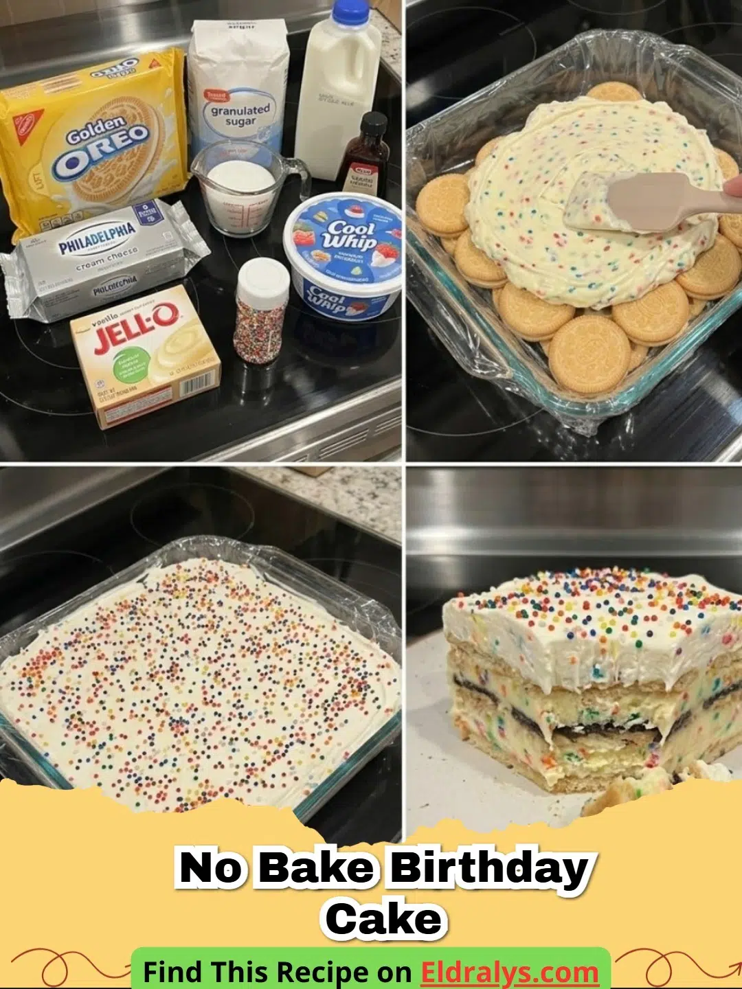 A slice of Easy No-Bake Birthday Cake Dessert featuring layers of vanilla cream and rainbow sprinkles.