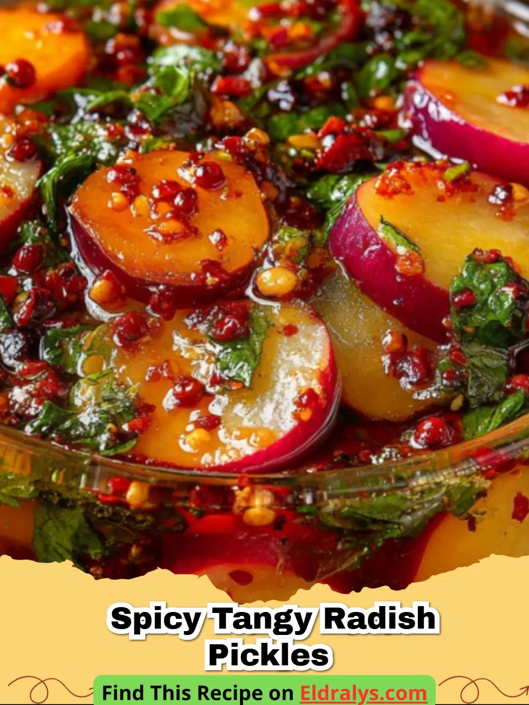A close up of pink Easy Quick Pickled Radishes in a glass jar