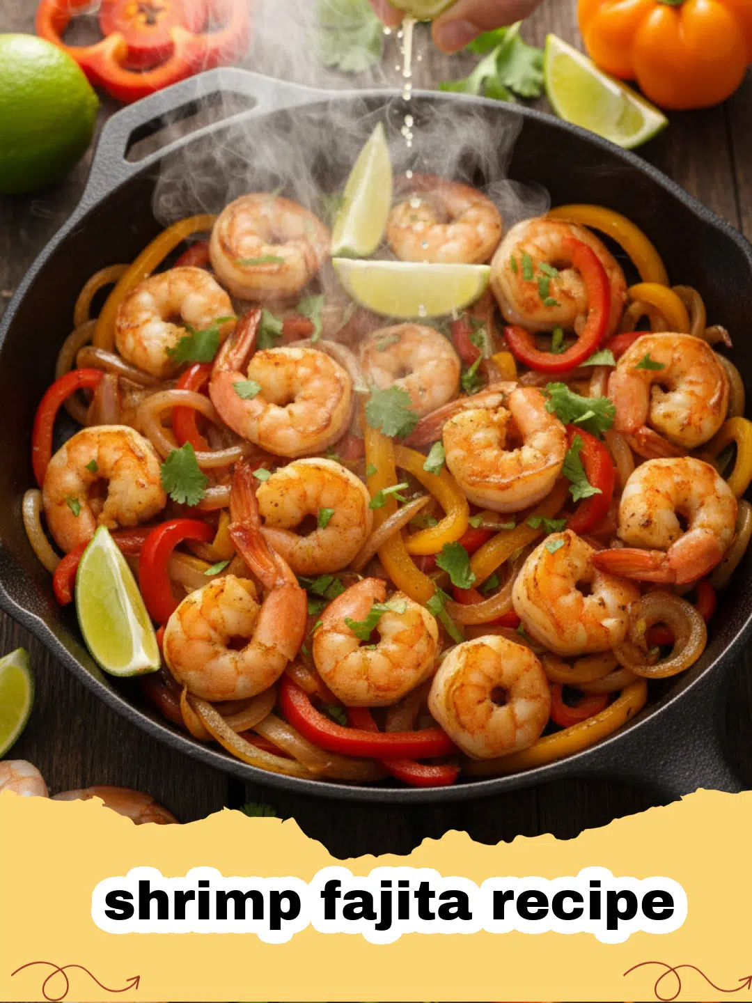 Sizzling shrimp fajita recipe served in a cast iron skillet with lime and cilantro.