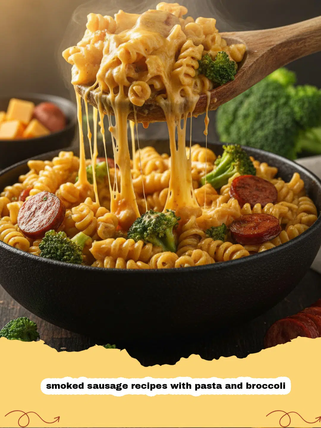 smoked sausage recipes with pasta and broccoli - A steaming skillet of smoked sausage, penne pasta, and bright green broccoli sprinkled with parmesan cheese.
