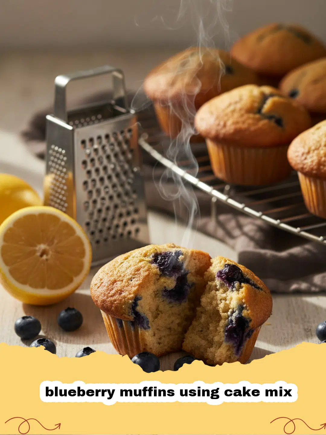 A tray of golden brown blueberry muffins using cake mix fresh out of the oven.
