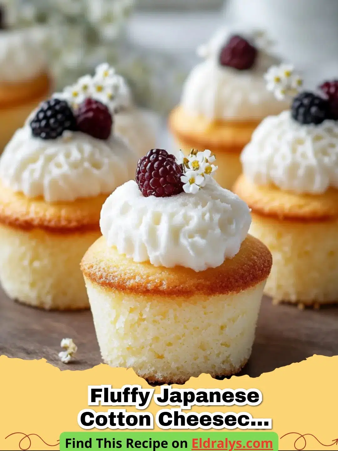 Close up of Fluffy Japanese Cotton Cheesecake Cupcakes on a cooling rack showing their airy texture.