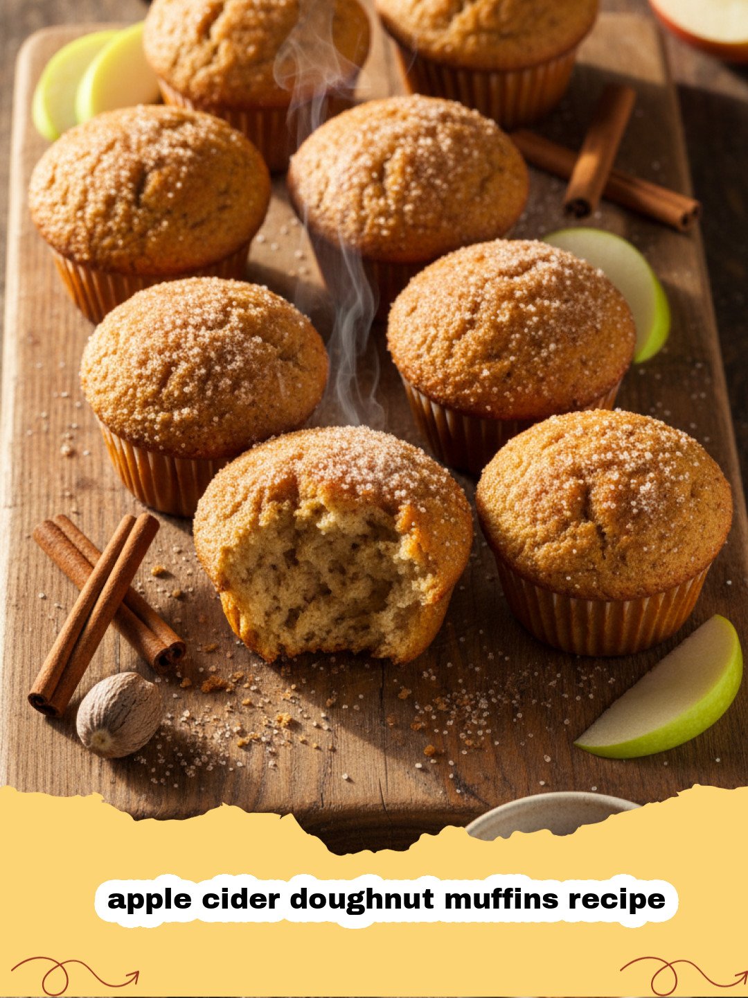 apple cider doughnut muffins recipe - Golden brown apple cider doughnut muffins coated in cinnamon sugar on a cooling rack.