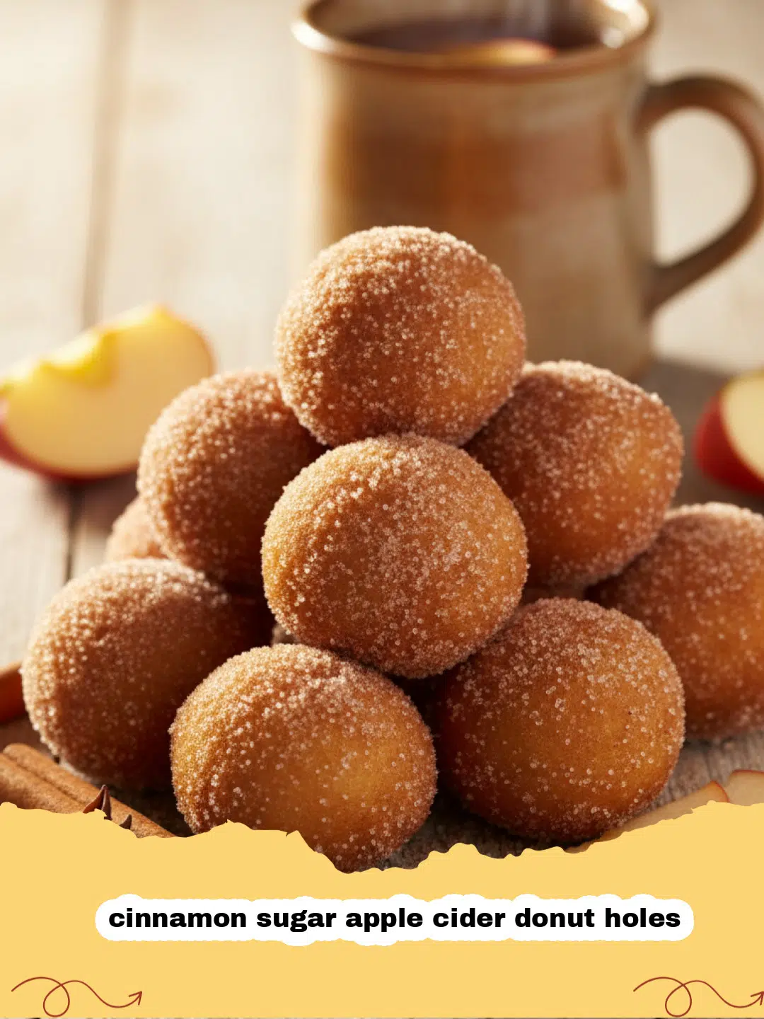 A stack of golden brown cinnamon sugar apple cider donut holes on a rustic wooden plate.