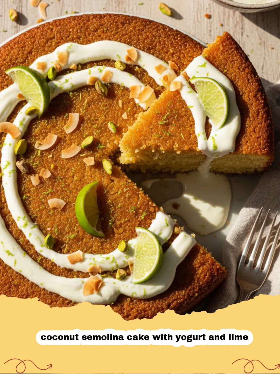 A golden-brown coconut semolina cake with yogurt and lime topped with lime zest.