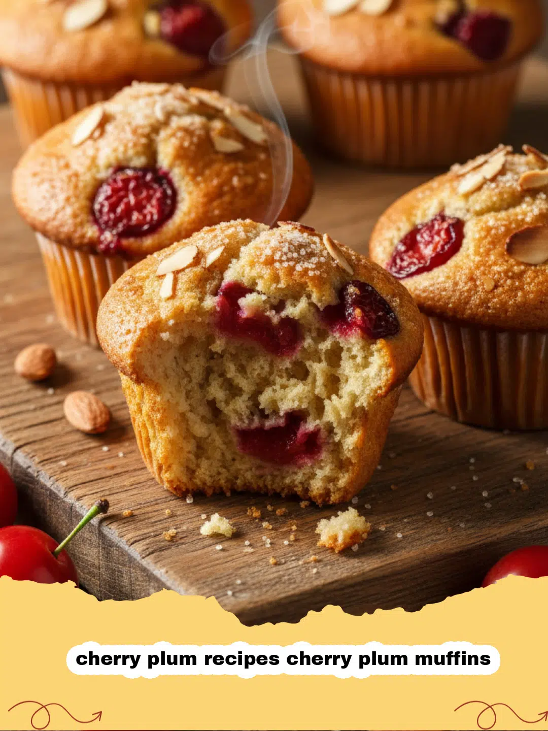 cherry plum recipes cherry plum muffins - Golden brown muffins with red cherry plums peeking through the top.