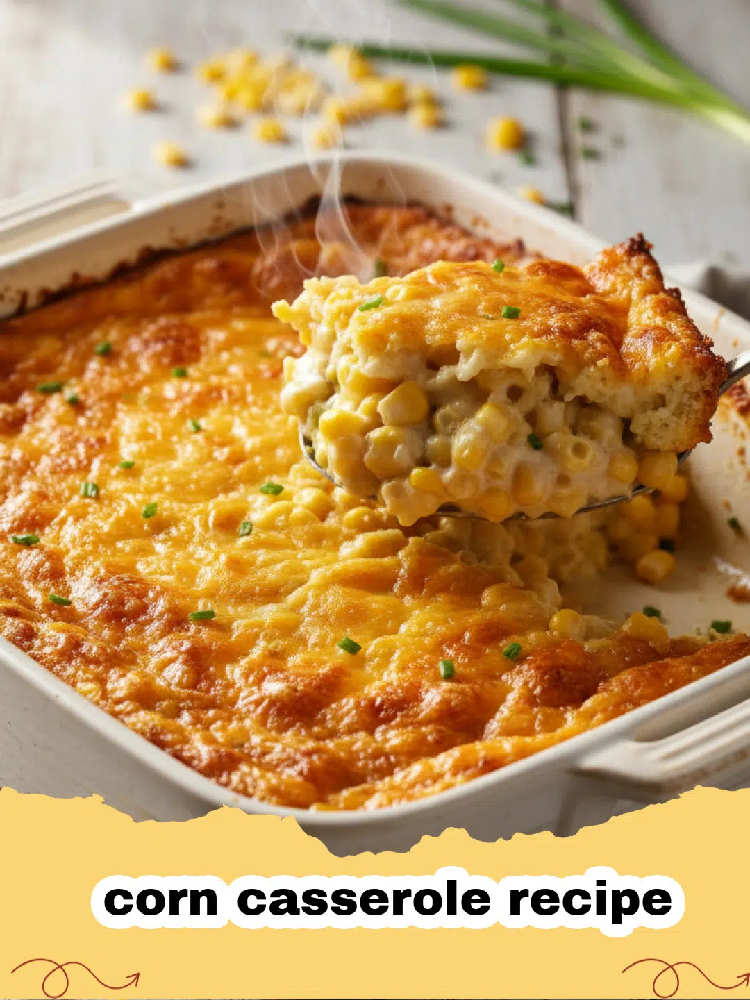 corn casserole recipe - Golden brown corn casserole in a glass baking dish