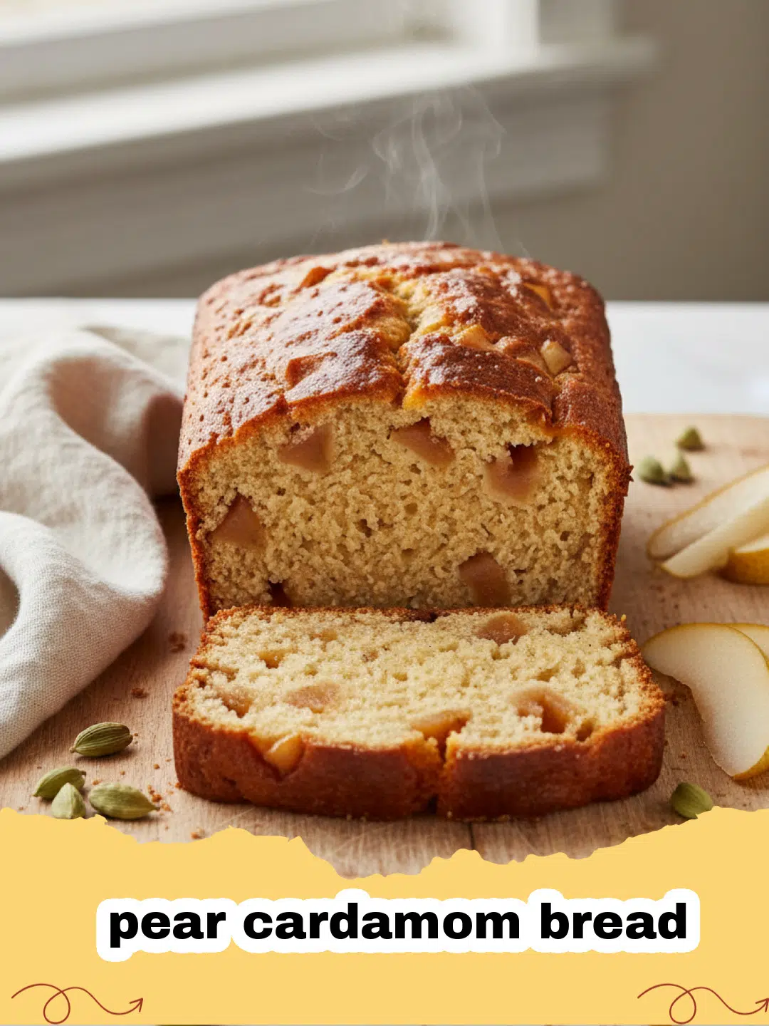 A golden brown loaf of pear cardamom bread sliced on a wooden board.