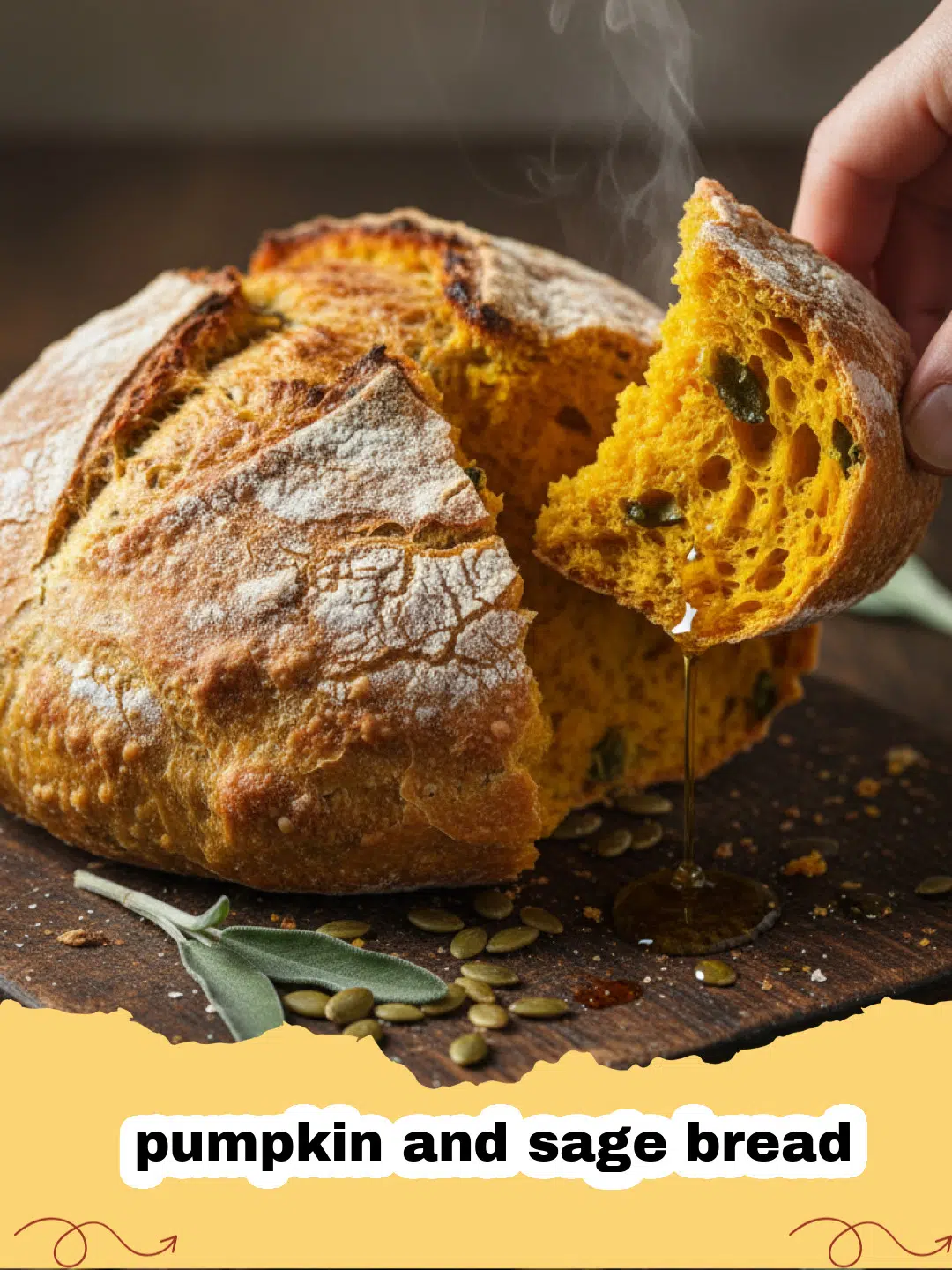 A golden loaf of pumpkin and sage bread decorated with whole sage leaves on a wooden board.