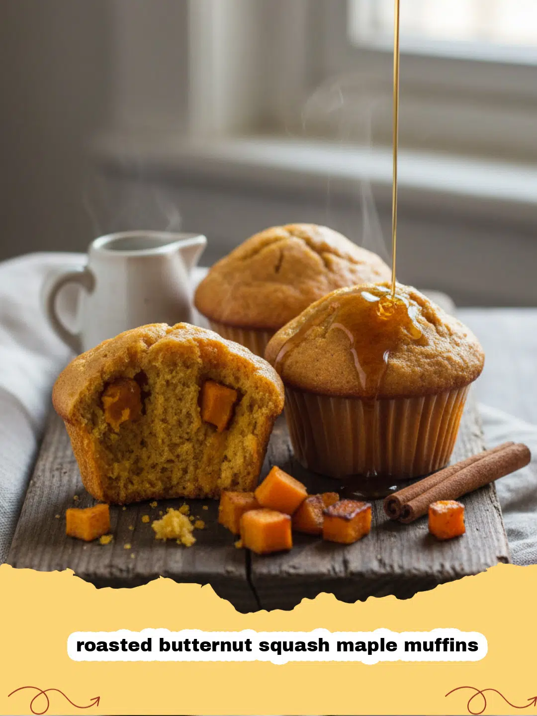 A stack of golden brown roasted butternut squash maple muffins on a rustic wooden platter.