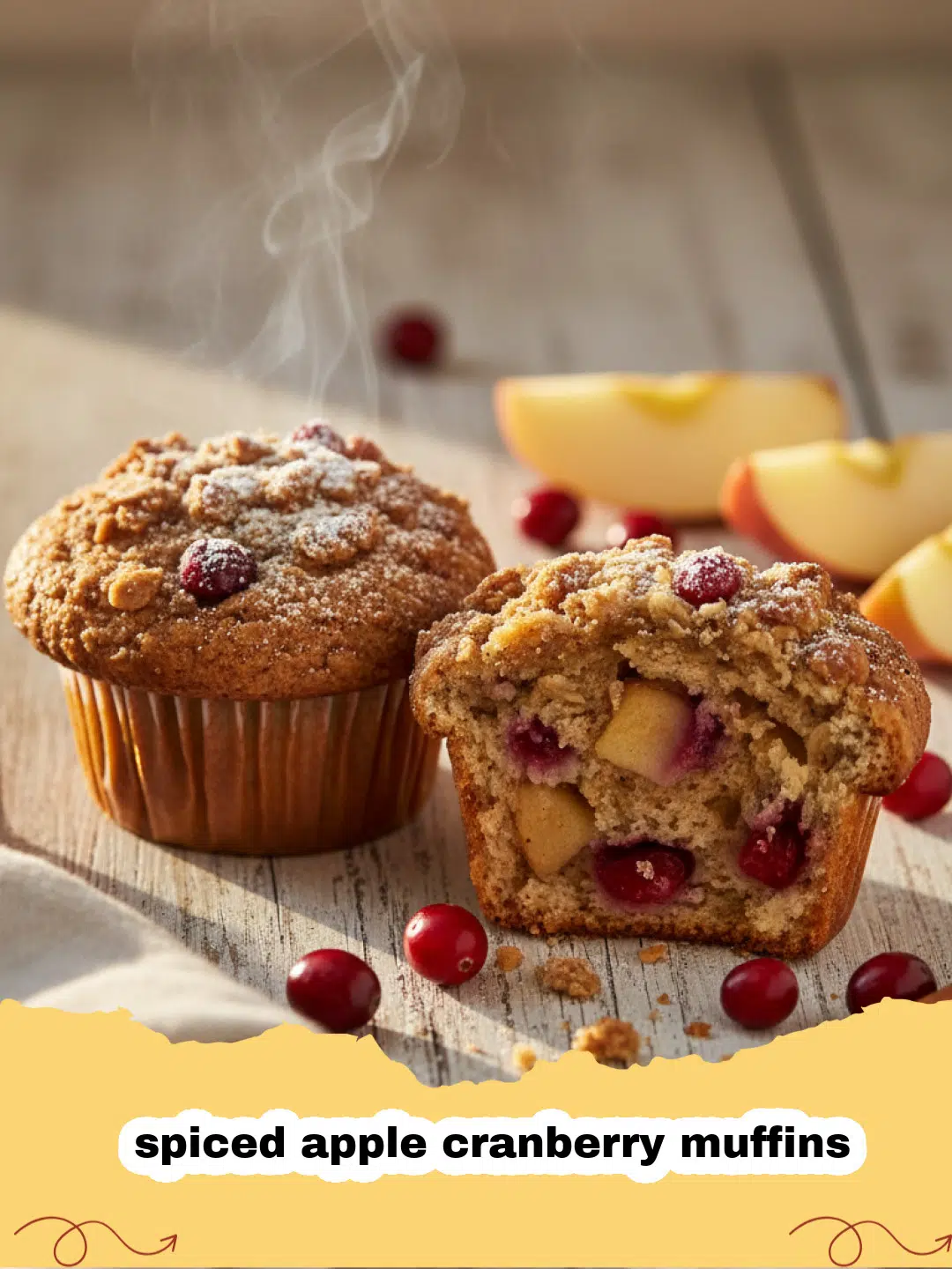 A tray of golden-brown spiced apple cranberry muffins with visible chunks of red cranberries and green apples.