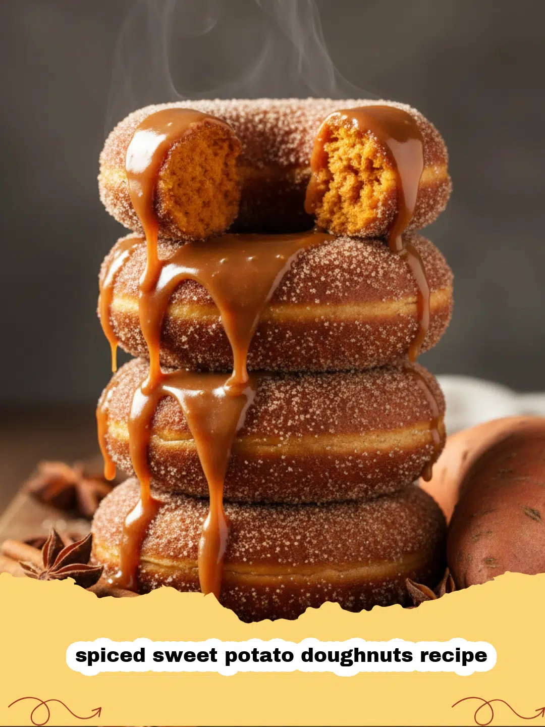 spiced sweet potato doughnuts recipe - A stack of golden brown spiced sweet potato doughnuts coated in cinnamon sugar on a wooden board.
