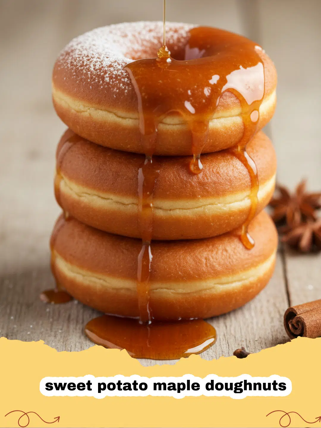 A stack of golden brown sweet potato maple doughnuts with a glossy maple glaze dripping down the sides.