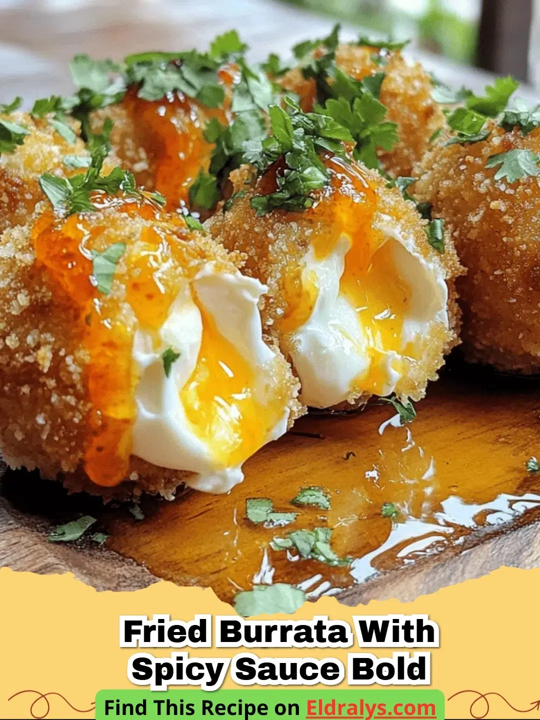 A crispy Fried Burrata with Spicy Sauce Bold being sliced to reveal a molten center.