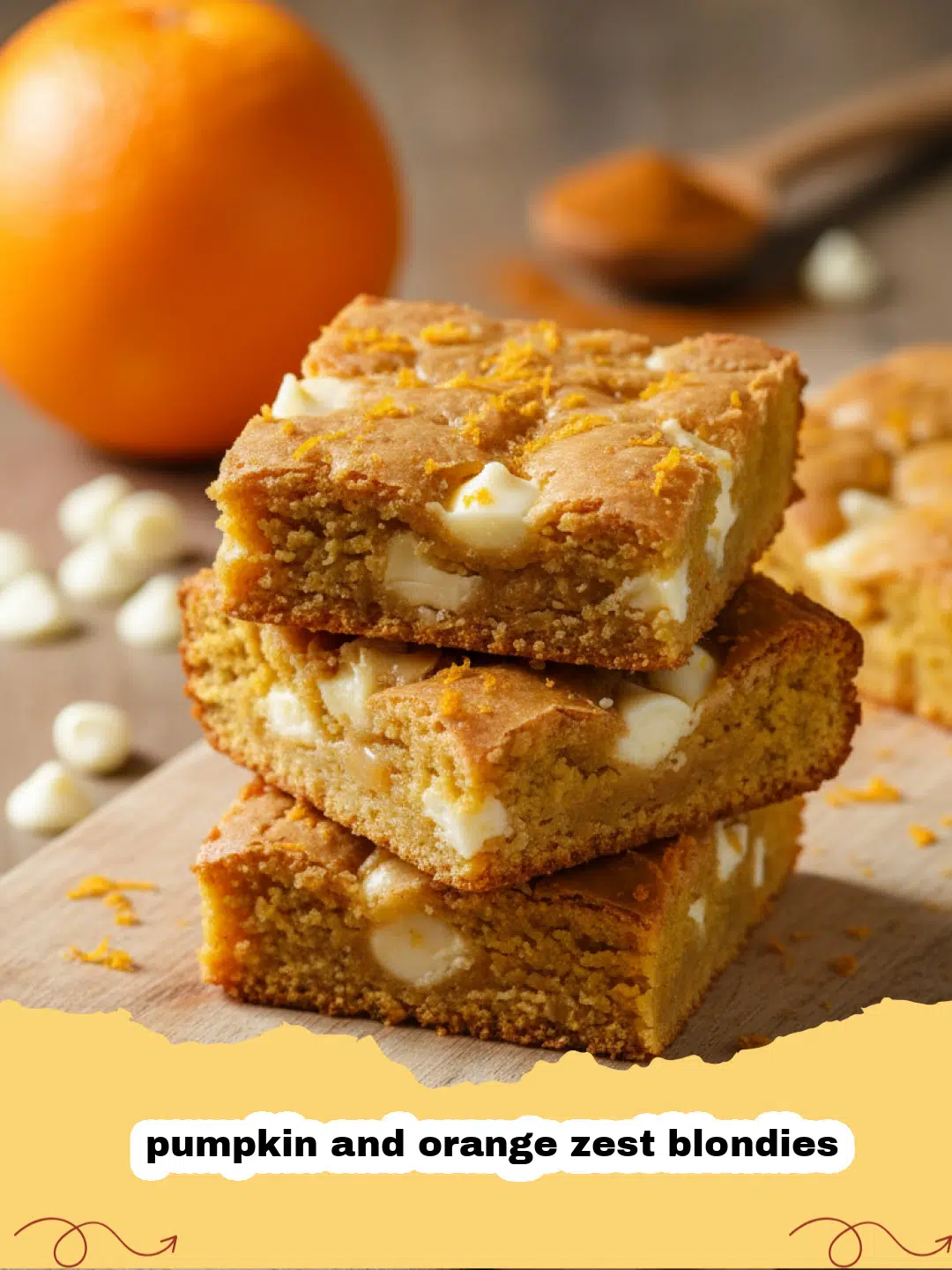 A close-up of fudgy pumpkin and orange zest blondies stacked on a wooden board.