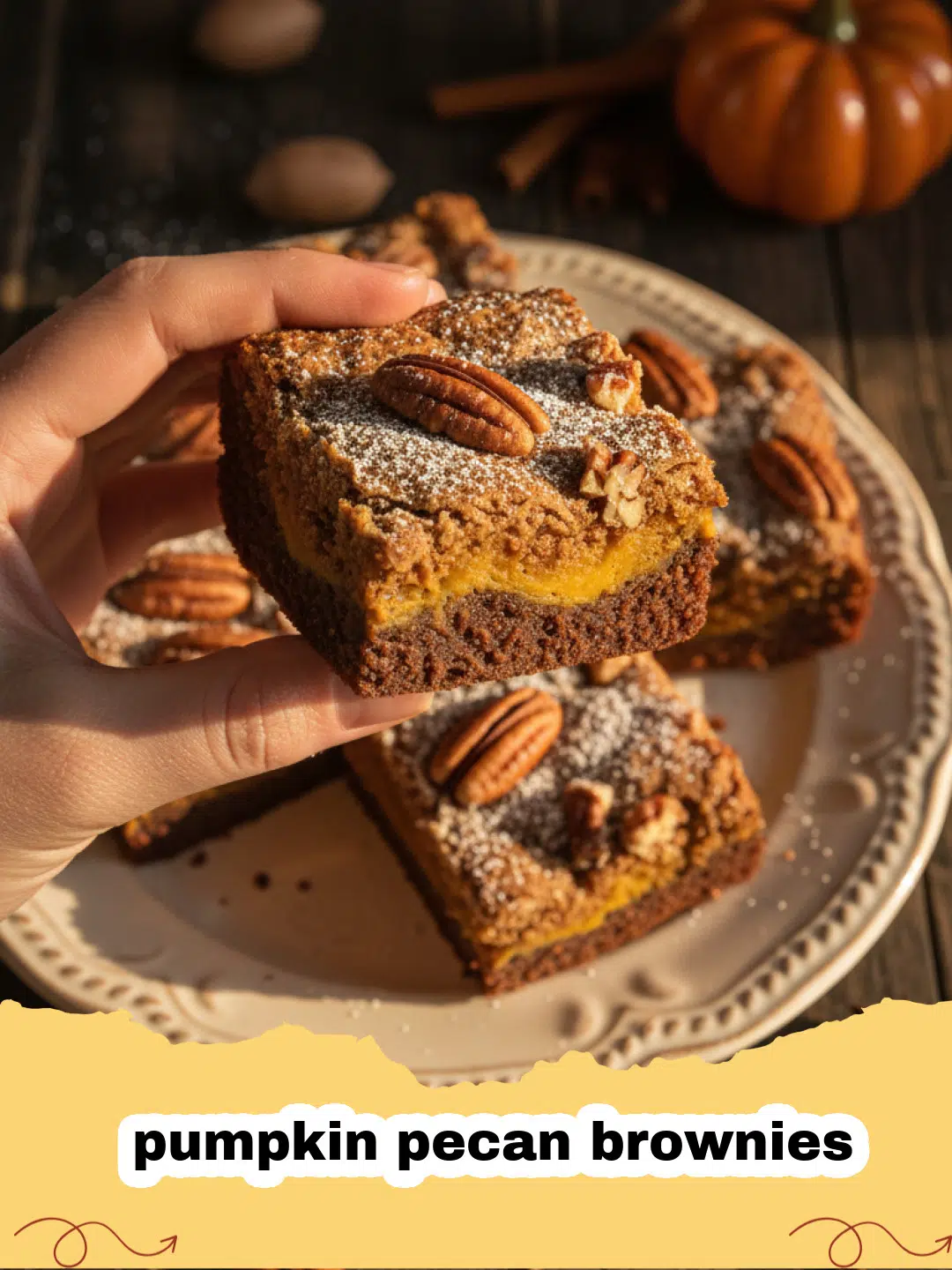 A close-up shot of fudgy pumpkin pecan brownies with visible orange swirls and crunchy pecans on top.