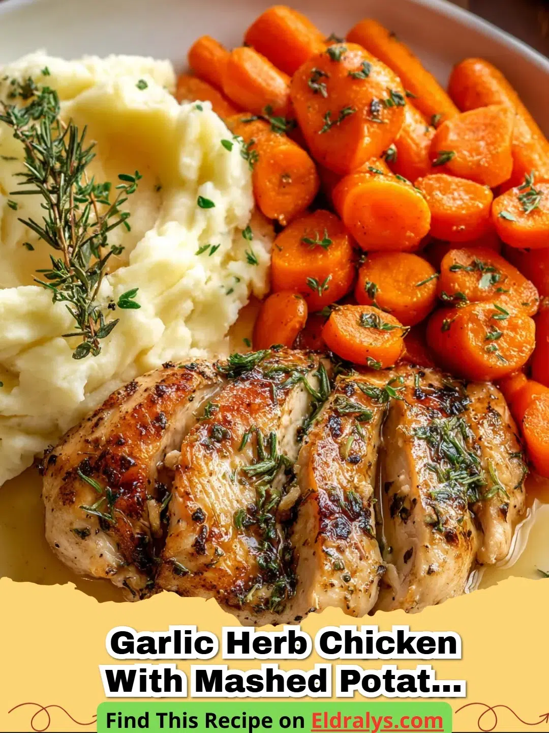 A plate of juicy Garlic Herb Chicken with Mashed Potatoes and Glazed Carrots garnish with parsley.