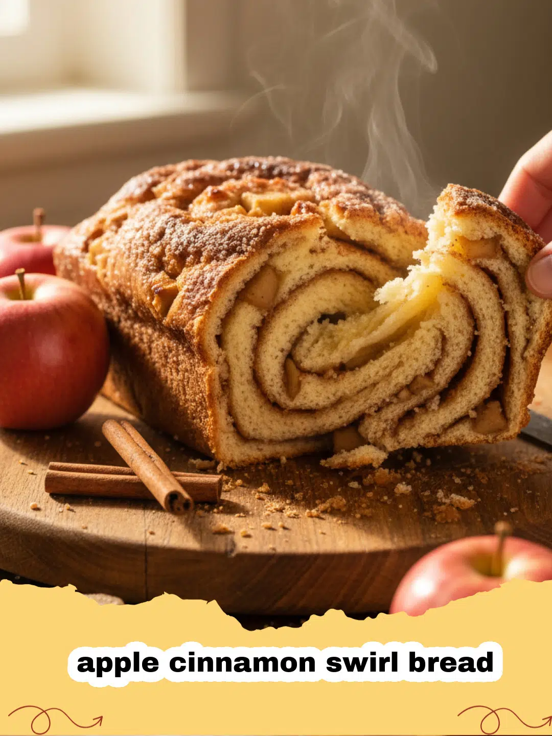 A thick slice of apple cinnamon swirl bread showing the beautiful interior swirl of apples.