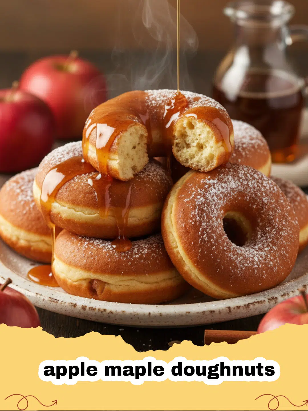 A stack of baked apple maple doughnuts with a glistening maple glaze on a wire rack.