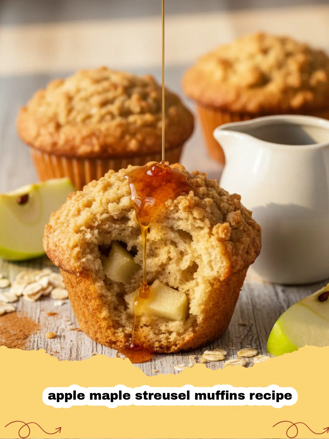 Close up shot of an apple maple streusel muffins recipe with golden brown crumb and crunchy topping