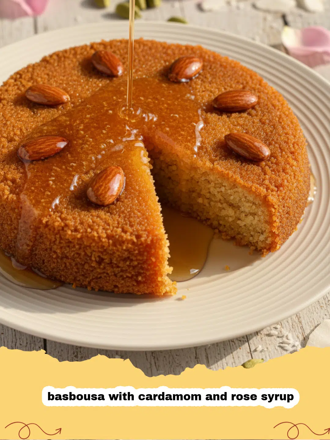 basbousa with cardamom and rose syrup - A golden brown semolina cake cut into diamond shapes, garnished with almonds and soaked in rose syrup.