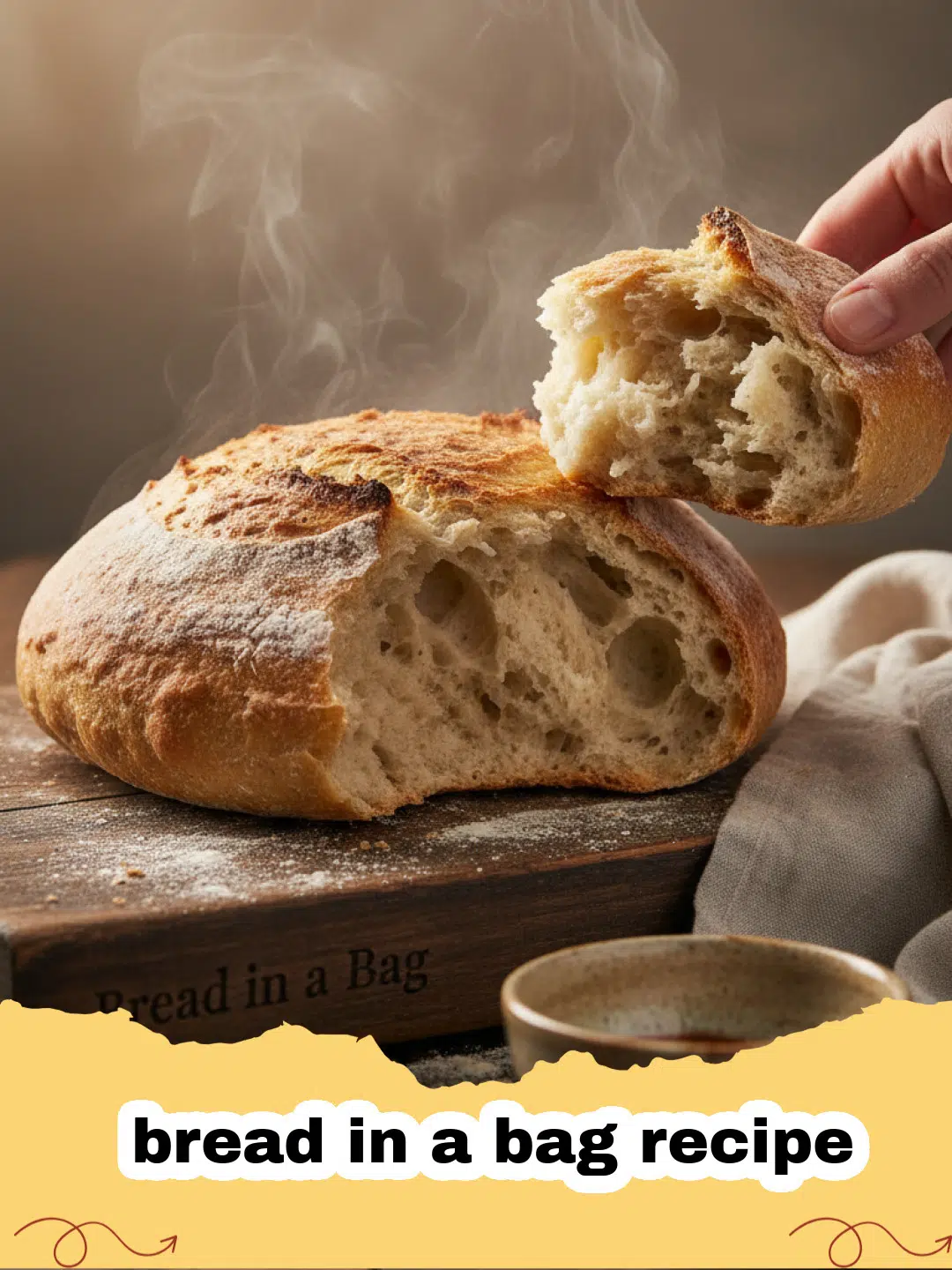 A golden brown loaf of bread made using the bread in a bag recipe