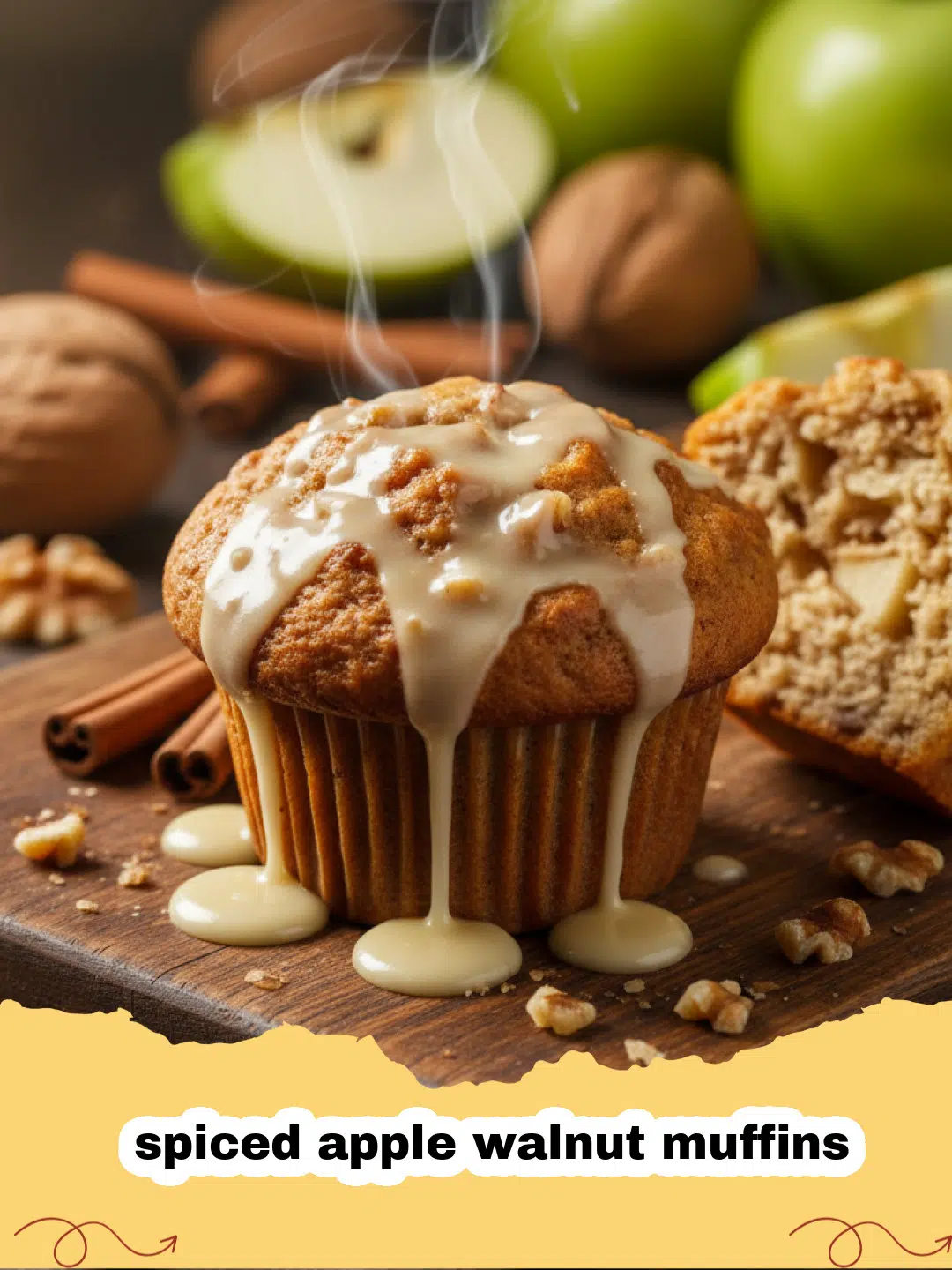 A stack of moist spiced apple walnut muffins on a rustic wooden board.